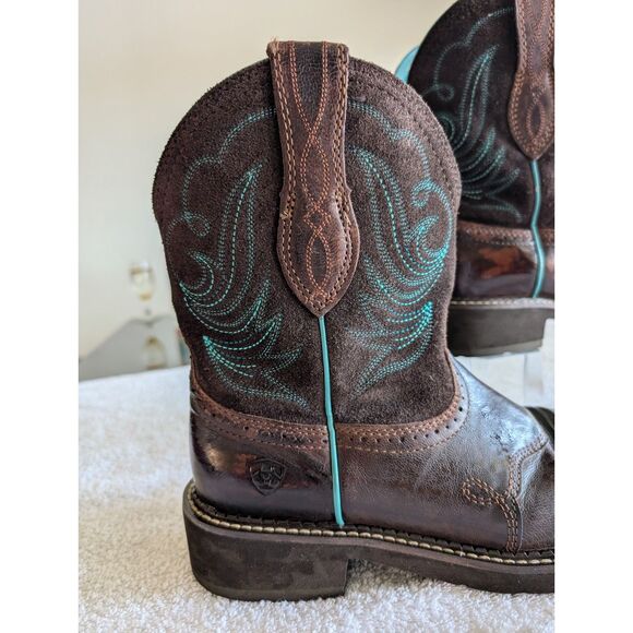 Ariat Women Western Boots Brown Turquoise Stitching Leather Round Toe - Picture 8 of 15